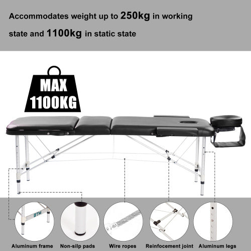Massage Table Couch Bed Aluminium Tattoo Spa Reiki Portable Folded 3 Section With Premium PU Leather And 5 Cm High Density Multi-Layer Foam Headrest Arm Support And Carrying Bag