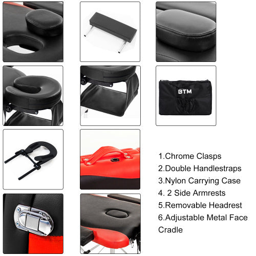 Massage Table Couch Bed Aluminium Tattoo Spa Reiki Portable Folded 3 Section With Premium PU Leather And 5 Cm High Density Multi-Layer Foam Headrest Arm Support And Carrying Bag