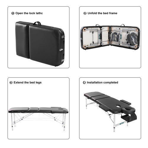 Massage Table Couch Bed Aluminium Tattoo Spa Reiki Portable Folded 3 Section With Premium PU Leather And 5 Cm High Density Multi-Layer Foam Headrest Arm Support And Carrying Bag