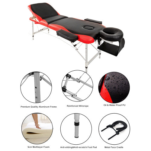 Massage Table Couch Bed Aluminium Tattoo Spa Reiki Portable Folded 3 Section With Premium PU Leather And 5 Cm High Density Multi-Layer Foam Headrest Arm Support And Carrying Bag