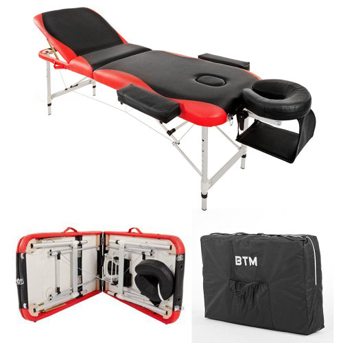 Massage Table Couch Bed Aluminium Tattoo Spa Reiki Portable Folded 3 Section With Premium PU Leather And 5 Cm High Density Multi-Layer Foam Headrest Arm Support And Carrying Bag